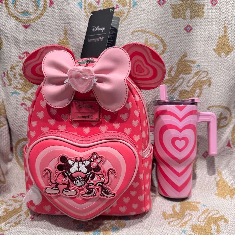 Loungefly Pink Heart Mickey Minnie Backpack and Tumbler Gift Bundle